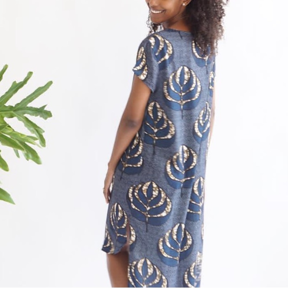 Mille Collines blue leaf print Keisho dress short sleeve high low hem M